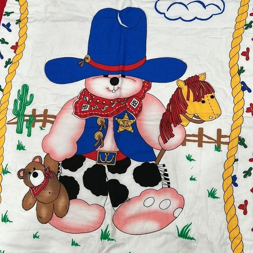 Hand Made Quilt cowboy teddy bear flannel back throw blanket 41x33 finished